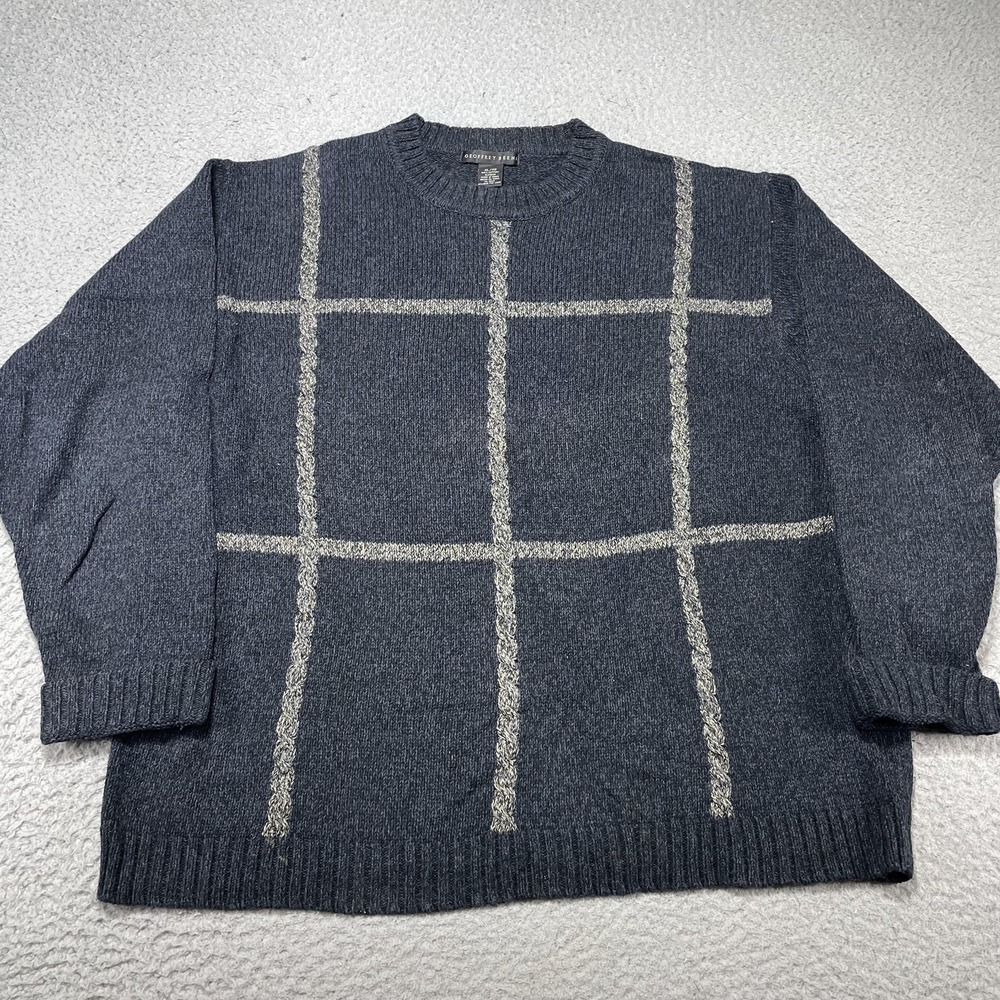 Geoffrey Beene Sweater Mens‎ XL Blue Windowpane Check Cotton Crewneck Pullover